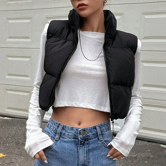 Black Casual Women's Zip Up Crop Vest Puffer Thick Coat - Picture 7 of 9